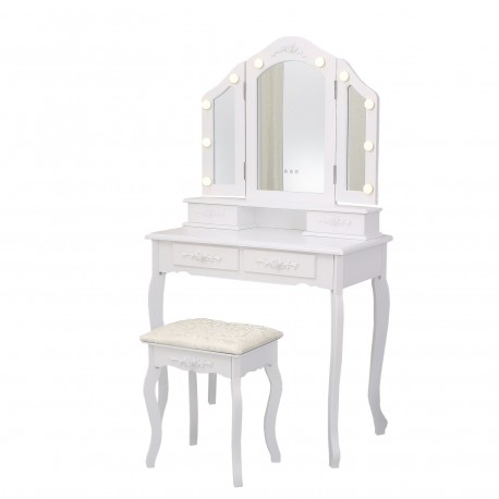 WHITE DRESSING TABLE WITH STOOL AND LED LIGHTS