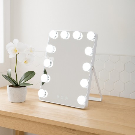 RECTANGULAR LED MIRROR WITH STAND, 12 LIGHTS