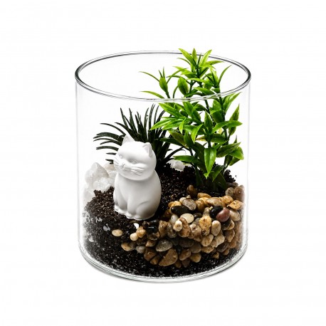 GLASS POT WITH PLANT AND CAT