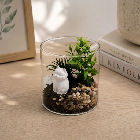 GLASS POT WITH PLANT AND CAT