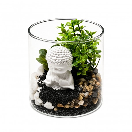 GLASS POT WITH PLANT AND BUDDHA