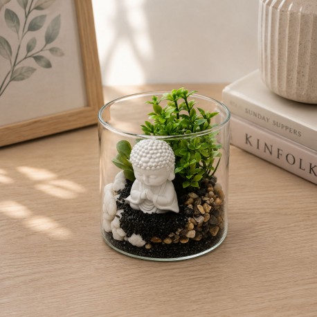 GLASS POT WITH PLANT AND BUDDHA