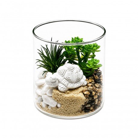 GLASS POT WITH PLANT AND TURTLE