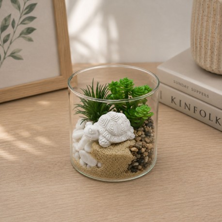 GLASS POT WITH PLANT AND TURTLE