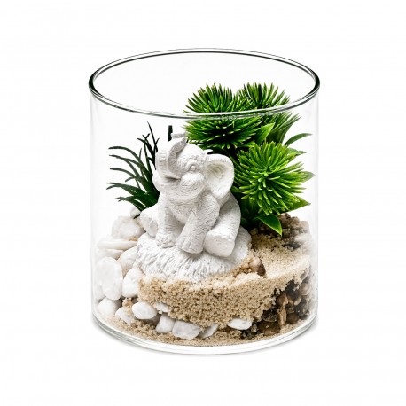 GLASS POT WITH PLANT AND ELEPHANT