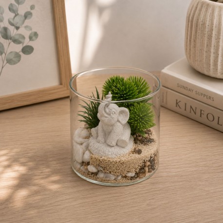 GLASS POT WITH PLANT AND ELEPHANT