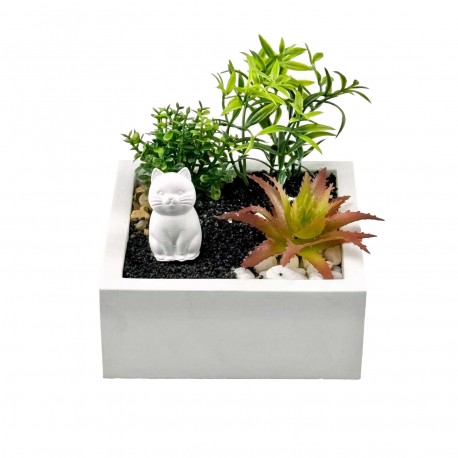 CEMENT POT WITH PLANT AND CAT