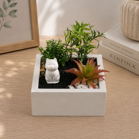 CEMENT POT WITH PLANT AND CAT