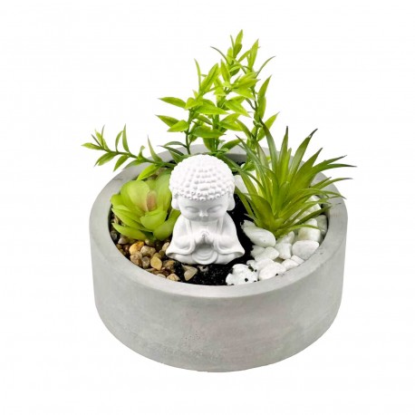 CEMENT POT WITH PLANT AND BUDDHA