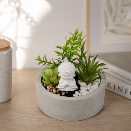 CEMENT POT WITH PLANT AND BUDDHA