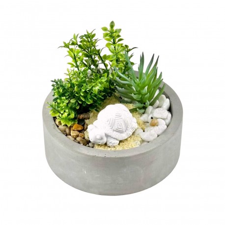 CEMENT POT WITH PLANT AND TURTLE