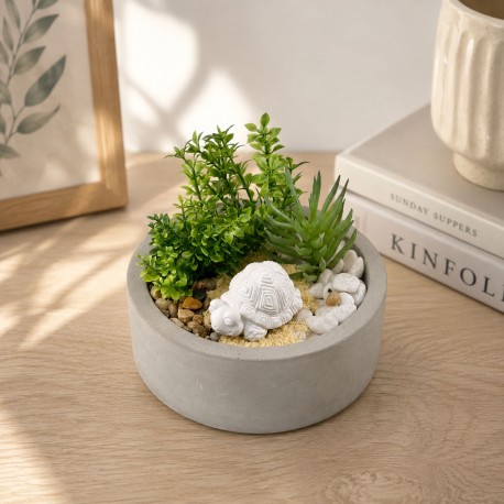 CEMENT POT WITH PLANT AND TURTLE