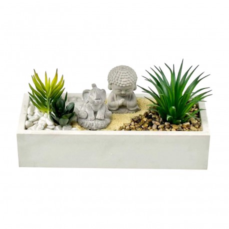 WHITE CEMENT POT WITH PLANT, ELEPHANT, BUDDHA