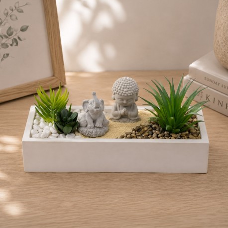 WHITE CEMENT POT WITH PLANT, ELEPHANT, BUDDHA