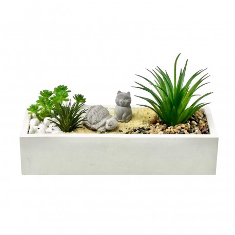 WHITE CEMENT POT WITH PLANT, TURTLE, CAT