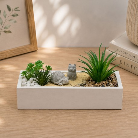 WHITE CEMENT POT WITH PLANT, TURTLE, CAT