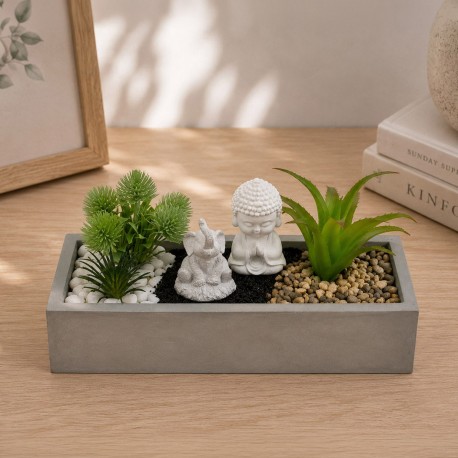 WHITE CEMENT POT WITH PLANT, ELEPHANT, BUDDHA