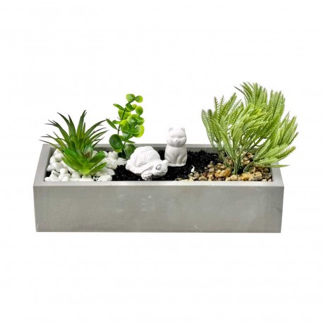 WHITE CEMENT POT WITH PLANT, TURTLE, CAT