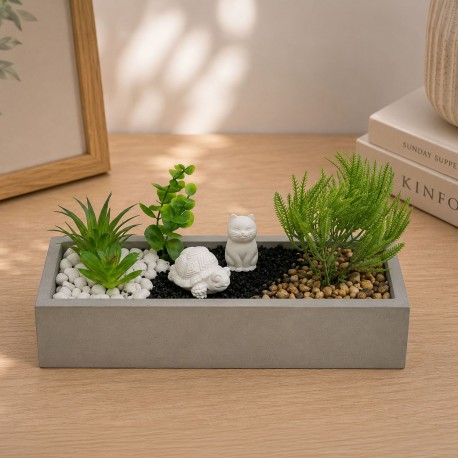WHITE CEMENT POT WITH PLANT, TURTLE, CAT