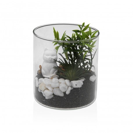 GLASS POT WITH PLANT AND CAT