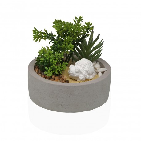 CEMENT POT WITH PLANT AND TURTLE