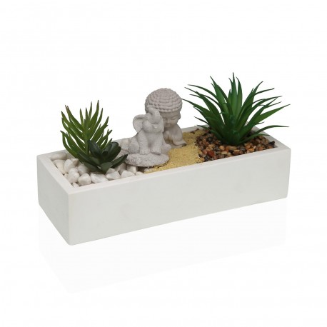 WHITE CEMENT POT WITH PLANT, ELEPHANT, BUDDHA