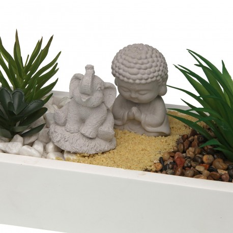 WHITE CEMENT POT WITH PLANT, ELEPHANT, BUDDHA