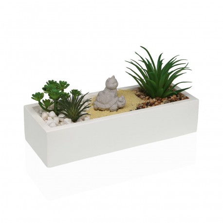 WHITE CEMENT POT WITH PLANT, TURTLE, CAT