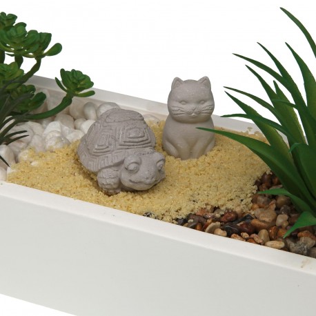 WHITE CEMENT POT WITH PLANT, TURTLE, CAT