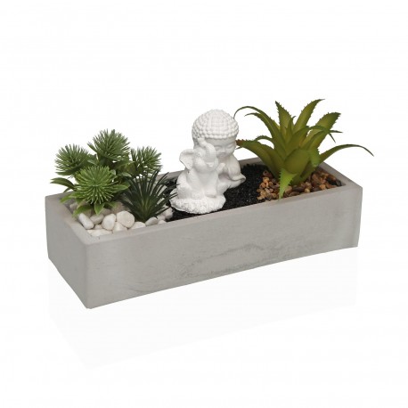 WHITE CEMENT POT WITH PLANT, ELEPHANT, BUDDHA