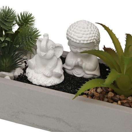 WHITE CEMENT POT WITH PLANT, ELEPHANT, BUDDHA