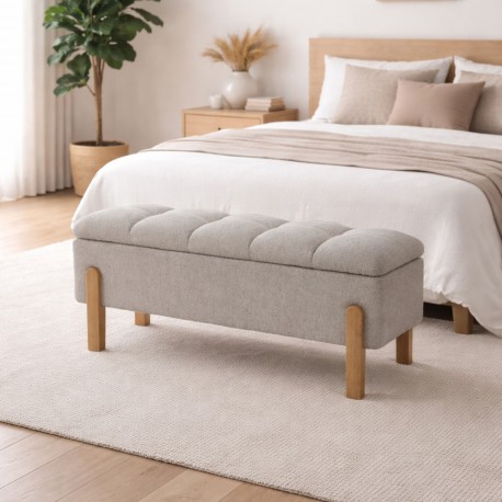 BEIGE UPHOLSTERED STORAGE END BED BENCH