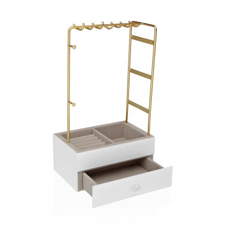 GOLD METAL JEWELLERY BOX, WHITE WOOD BASE