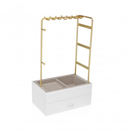 GOLD METAL JEWELLERY BOX, WHITE WOOD BASE