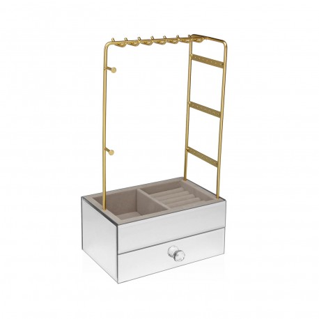 GOLD METAL JEWELLERY BOX, WHITE WOOD BASE