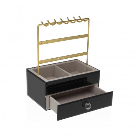 GOLD METAL JEWELLERY BOX, BLACK WOOD BASE