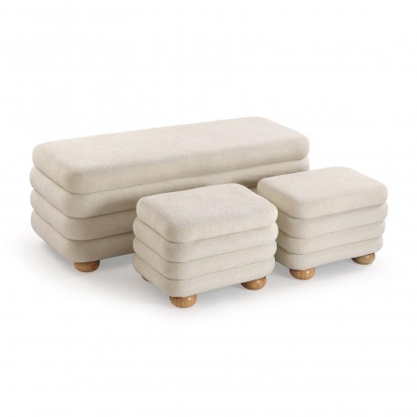 GREY END BED BENCH & 2 POUFFES SET