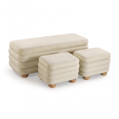 BEIGE END BED BENCH & 2 POUFFES SET
