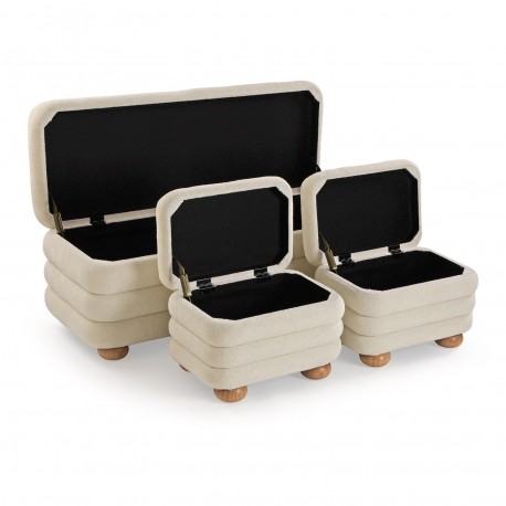 BEIGE END BED BENCH & 2 POUFFES SET